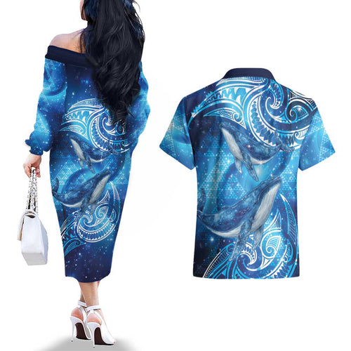 New Zealand Humpback Whale Matariki Couples Matching Off The Shoulder Long Sleeve Dress and Hawaiian Shirt Maori New Year Taniko Niho Taniwha