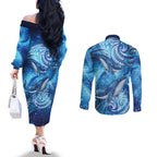 New Zealand Humpback Whale Matariki Couples Matching Off The Shoulder Long Sleeve Dress and Long Sleeve Button Shirt Maori New Year Taniko Niho Taniwha