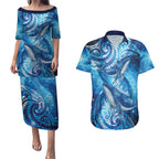 New Zealand Humpback Whale Matariki Couples Matching Puletasi and Hawaiian Shirt Maori New Year Taniko Niho Taniwha