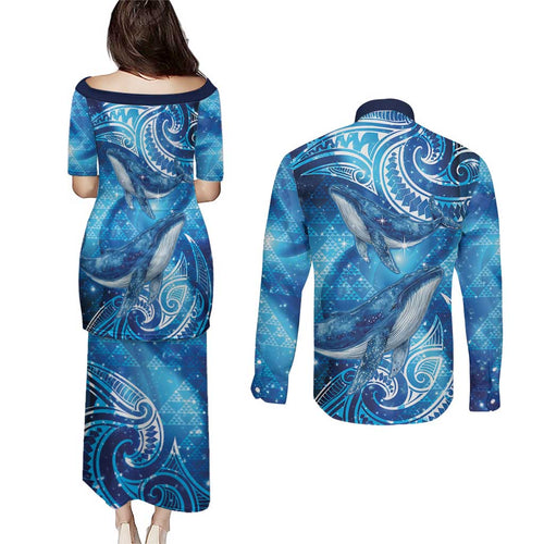 New Zealand Humpback Whale Matariki Couples Matching Puletasi and Long Sleeve Button Shirt Maori New Year Taniko Niho Taniwha