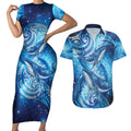 New Zealand Humpback Whale Matariki Couples Matching Short Sleeve Bodycon Dress and Hawaiian Shirt Maori New Year Taniko Niho Taniwha