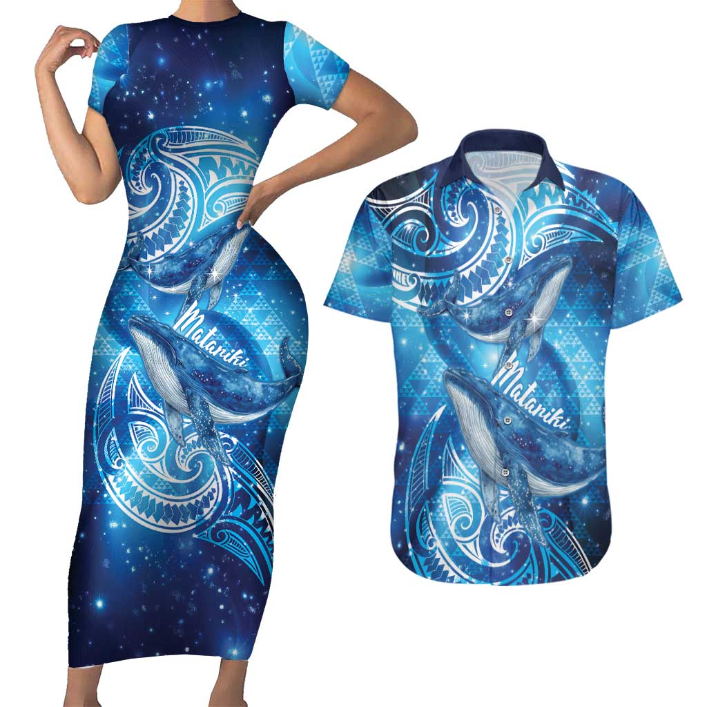 New Zealand Humpback Whale Matariki Couples Matching Short Sleeve Bodycon Dress and Hawaiian Shirt Maori New Year Taniko Niho Taniwha