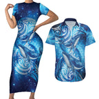 New Zealand Humpback Whale Matariki Couples Matching Short Sleeve Bodycon Dress and Hawaiian Shirt Maori New Year Taniko Niho Taniwha