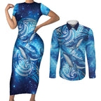 New Zealand Humpback Whale Matariki Couples Matching Short Sleeve Bodycon Dress and Long Sleeve Button Shirt Maori New Year Taniko Niho Taniwha