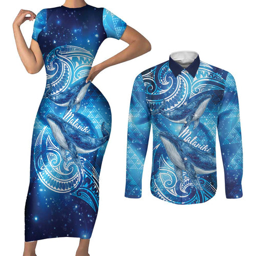 New Zealand Humpback Whale Matariki Couples Matching Short Sleeve Bodycon Dress and Long Sleeve Button Shirt Maori New Year Taniko Niho Taniwha