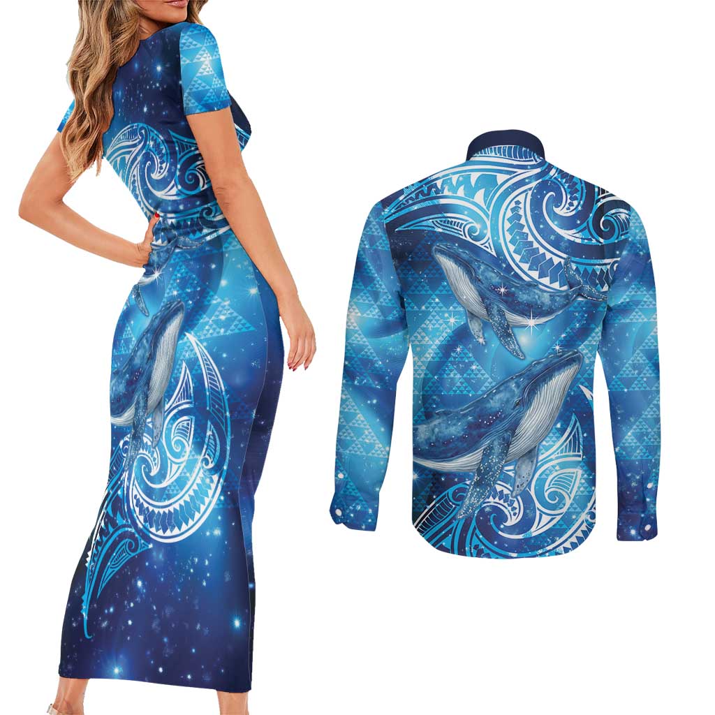 New Zealand Humpback Whale Matariki Couples Matching Short Sleeve Bodycon Dress and Long Sleeve Button Shirt Maori New Year Taniko Niho Taniwha