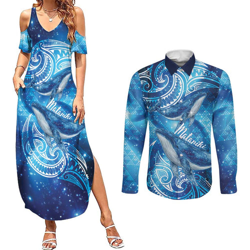 New Zealand Humpback Whale Matariki Couples Matching Summer Maxi Dress and Long Sleeve Button Shirt Maori New Year Taniko Niho Taniwha