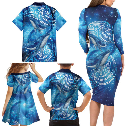 New Zealand Humpback Whale Matariki Family Matching Long Sleeve Bodycon Dress and Hawaiian Shirt Maori New Year Taniko Niho Taniwha