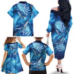 New Zealand Humpback Whale Matariki Family Matching Off The Shoulder Long Sleeve Dress and Hawaiian Shirt Maori New Year Taniko Niho Taniwha