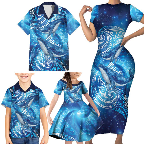 New Zealand Humpback Whale Matariki Family Matching Short Sleeve Bodycon Dress and Hawaiian Shirt Maori New Year Taniko Niho Taniwha