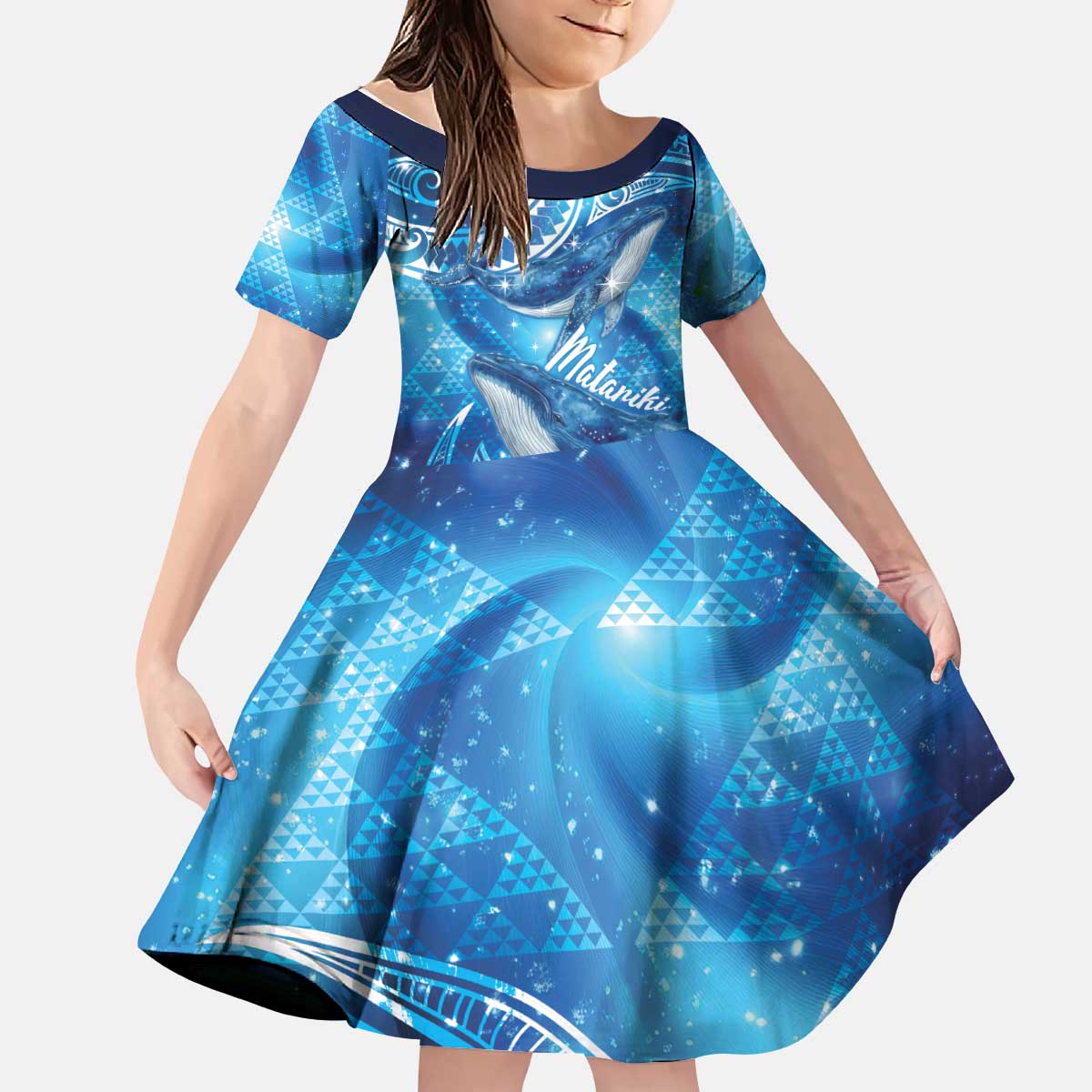 New Zealand Humpback Whale Matariki Kid Short Sleeve Dress Maori New Year Taniko Niho Taniwha