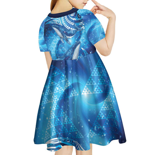 New Zealand Humpback Whale Matariki Kid Short Sleeve Dress Maori New Year Taniko Niho Taniwha