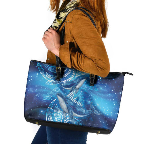New Zealand Humpback Whale Matariki Leather Tote Bag Maori New Year Taniko Niho Taniwha