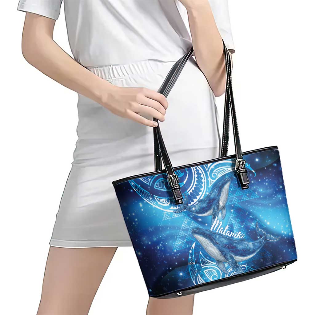 New Zealand Humpback Whale Matariki Leather Tote Bag Maori New Year Taniko Niho Taniwha