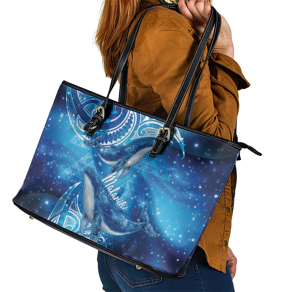 New Zealand Humpback Whale Matariki Leather Tote Bag Maori New Year Taniko Niho Taniwha