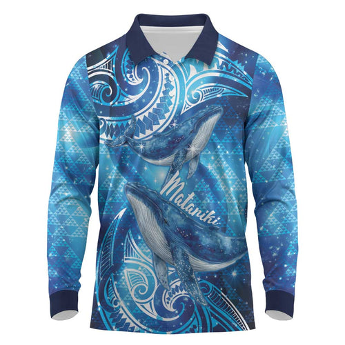New Zealand Humpback Whale Matariki Long Sleeve Polo Shirt Maori New Year Taniko Niho Taniwha