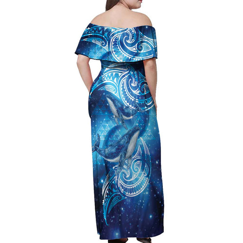 New Zealand Humpback Whale Matariki Off Shoulder Maxi Dress Maori New Year Taniko Niho Taniwha