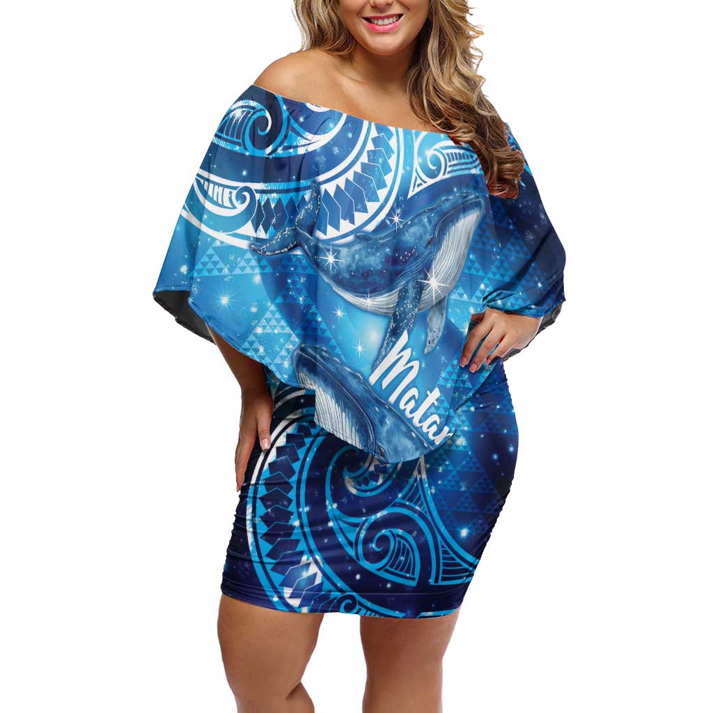 New Zealand Humpback Whale Matariki Off Shoulder Short Dress Maori New Year Taniko Niho Taniwha