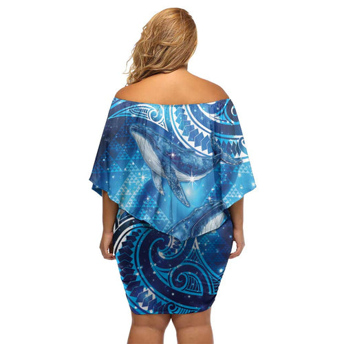New Zealand Humpback Whale Matariki Off Shoulder Short Dress Maori New Year Taniko Niho Taniwha
