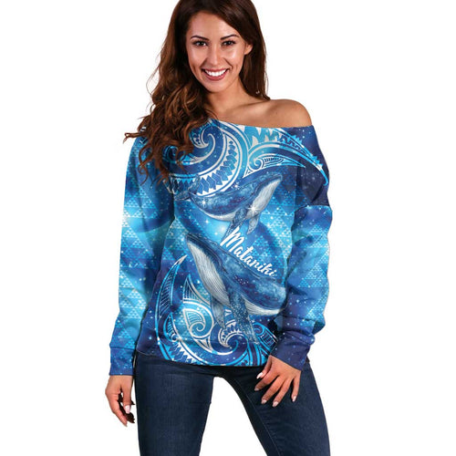 New Zealand Humpback Whale Matariki Off Shoulder Sweater Maori New Year Taniko Niho Taniwha