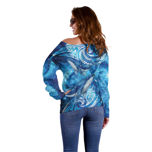 New Zealand Humpback Whale Matariki Off Shoulder Sweater Maori New Year Taniko Niho Taniwha