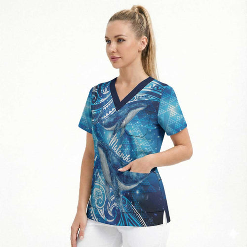 New Zealand Humpback Whale Matariki Scrub Top Maori New Year Taniko Niho Taniwha