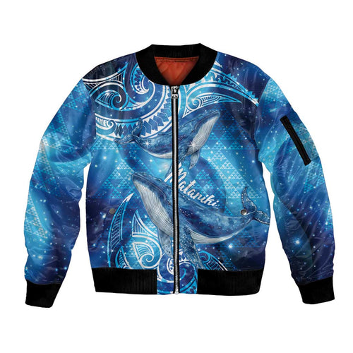 New Zealand Humpback Whale Matariki Sleeve Zip Bomber Jacket Maori New Year Taniko Niho Taniwha