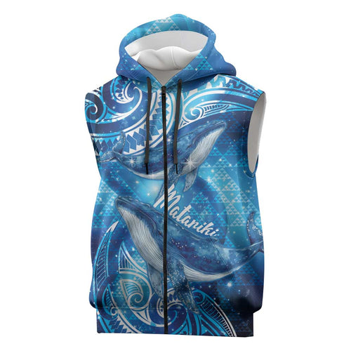 New Zealand Humpback Whale Matariki Sleeveless Zip Hoodie Maori New Year Taniko Niho Taniwha