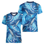 New Zealand Humpback Whale Matariki Women V-Neck T-Shirt Maori New Year Taniko Niho Taniwha