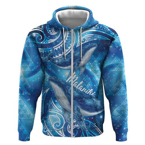 New Zealand Humpback Whale Matariki Zip Hoodie Maori New Year Taniko Niho Taniwha