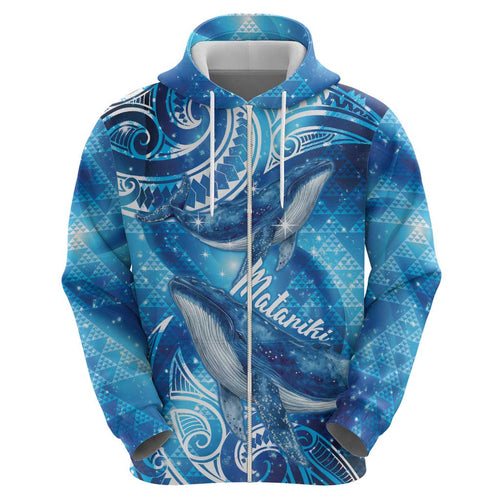 New Zealand Humpback Whale Matariki Zip Hoodie Maori New Year Taniko Niho Taniwha