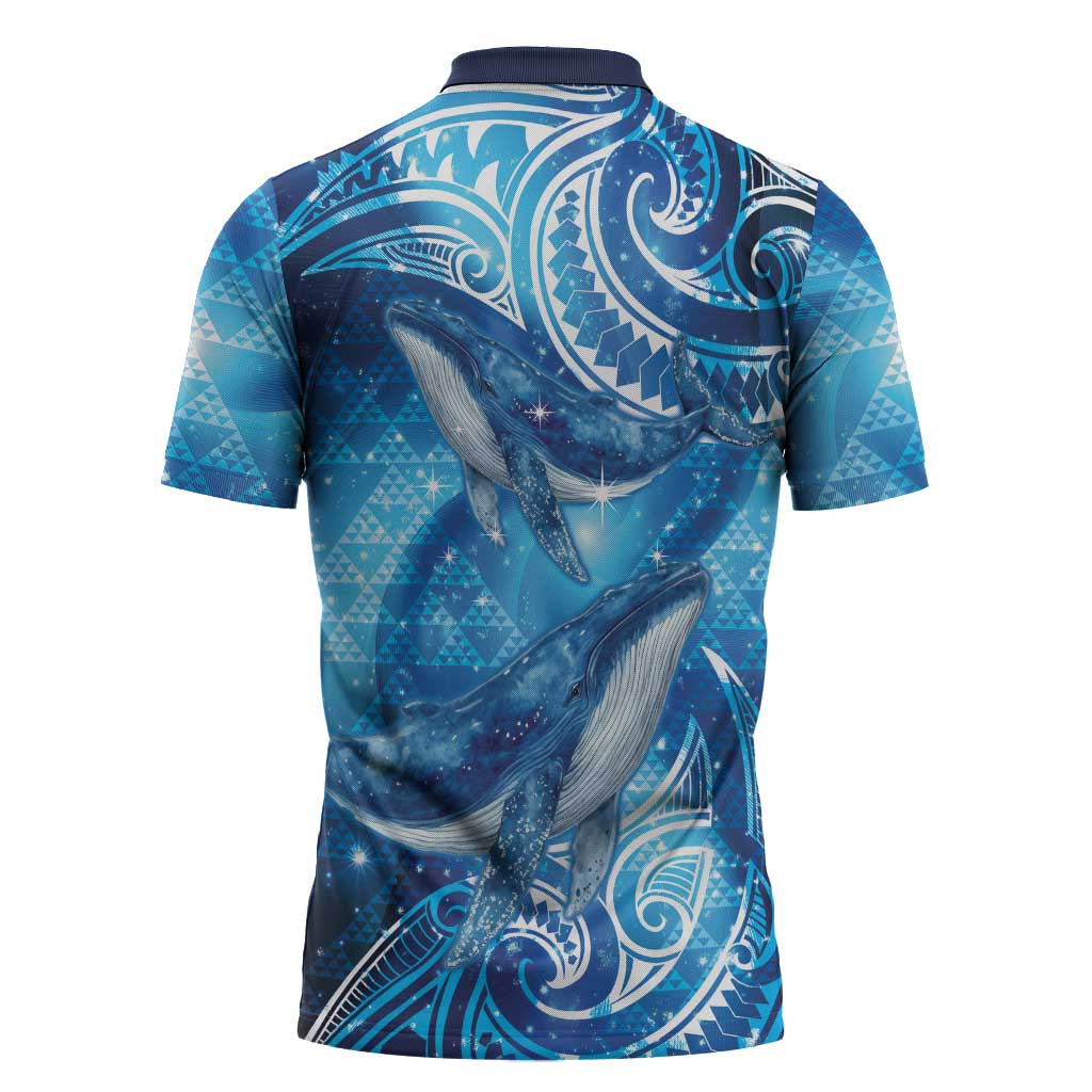 New Zealand Humpback Whale Matariki Zipper Polo Shirt Maori New Year Taniko Niho Taniwha