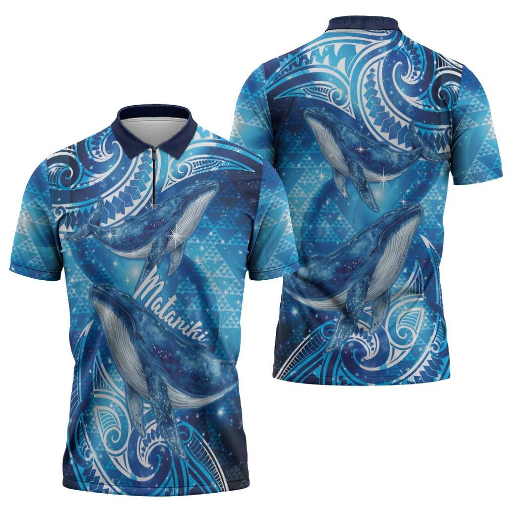 New Zealand Humpback Whale Matariki Zipper Polo Shirt Maori New Year Taniko Niho Taniwha