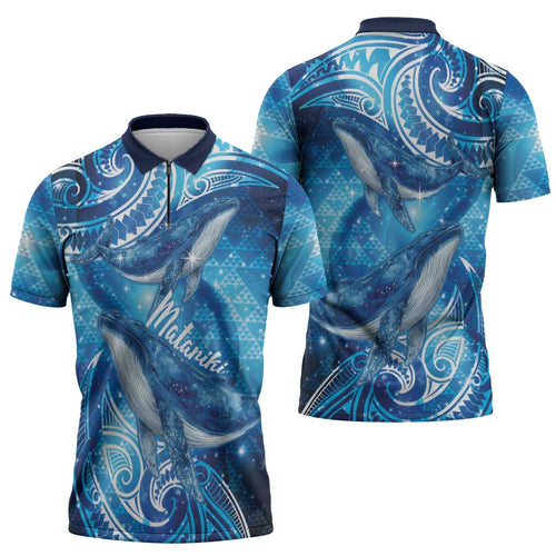 New Zealand Humpback Whale Matariki Zipper Polo Shirt Maori New Year Taniko Niho Taniwha