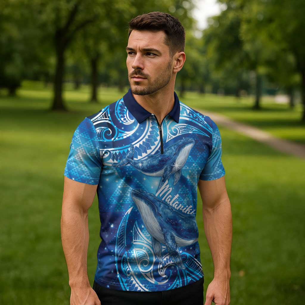 New Zealand Humpback Whale Matariki Zipper Polo Shirt Maori New Year Taniko Niho Taniwha