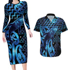 Humpback Whale Matariki New Zealand Couples Matching Long Sleeve Bodycon Dress and Hawaiian Shirt NZ Maori Paikea Poutama Luxury Blue