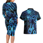 Humpback Whale Matariki New Zealand Couples Matching Long Sleeve Bodycon Dress and Hawaiian Shirt NZ Maori Paikea Poutama Luxury Blue