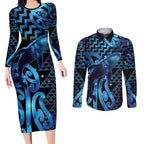 Humpback Whale Matariki New Zealand Couples Matching Long Sleeve Bodycon Dress and Long Sleeve Button Shirt NZ Maori Paikea Poutama Luxury Blue