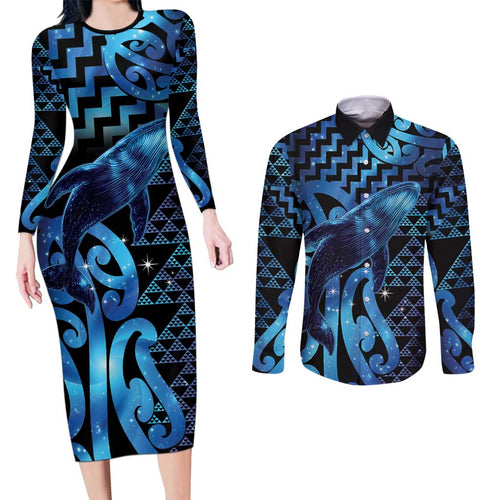 Humpback Whale Matariki New Zealand Couples Matching Long Sleeve Bodycon Dress and Long Sleeve Button Shirt NZ Maori Paikea Poutama Luxury Blue
