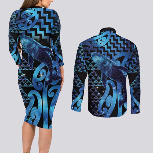 Humpback Whale Matariki New Zealand Couples Matching Long Sleeve Bodycon Dress and Long Sleeve Button Shirt NZ Maori Paikea Poutama Luxury Blue