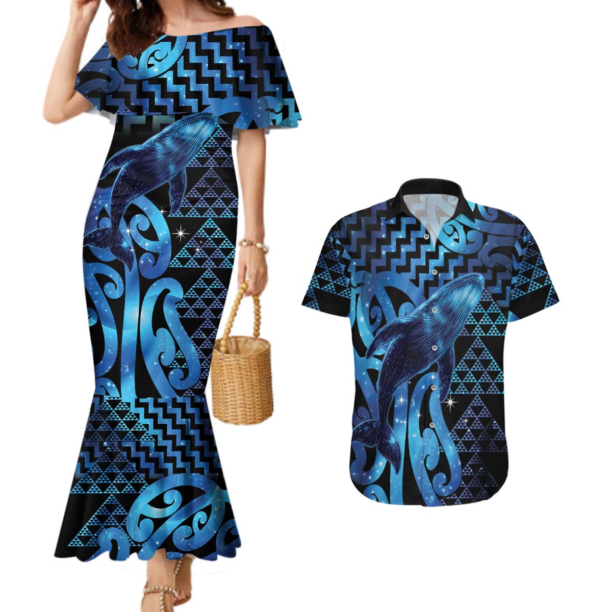 Humpback Whale Matariki New Zealand Couples Matching Mermaid Dress and Hawaiian Shirt NZ Maori Paikea Poutama Luxury Blue