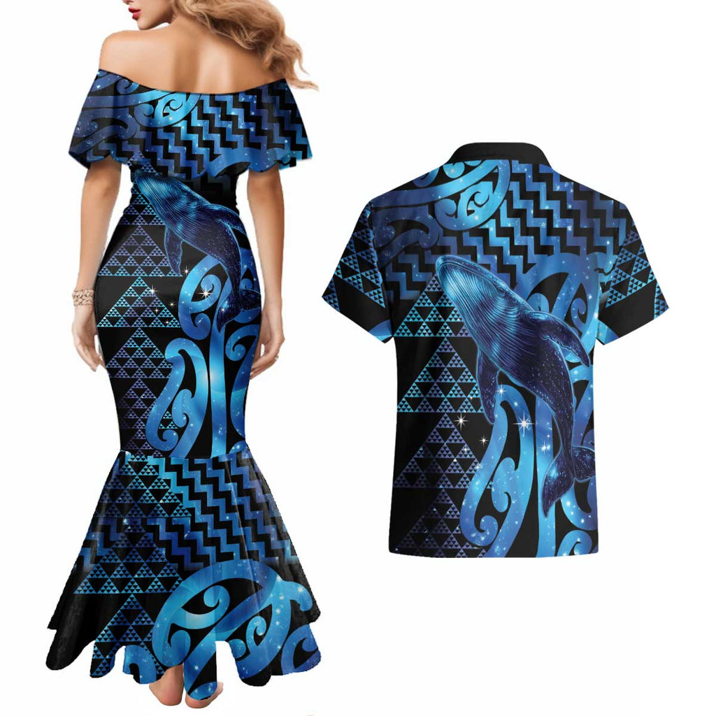 Humpback Whale Matariki New Zealand Couples Matching Mermaid Dress and Hawaiian Shirt NZ Maori Paikea Poutama Luxury Blue