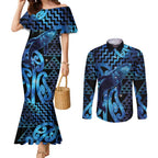 Humpback Whale Matariki New Zealand Couples Matching Mermaid Dress and Long Sleeve Button Shirt NZ Maori Paikea Poutama Luxury Blue