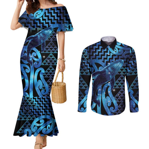 Humpback Whale Matariki New Zealand Couples Matching Mermaid Dress and Long Sleeve Button Shirt NZ Maori Paikea Poutama Luxury Blue