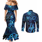Humpback Whale Matariki New Zealand Couples Matching Mermaid Dress and Long Sleeve Button Shirt NZ Maori Paikea Poutama Luxury Blue