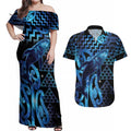 Humpback Whale Matariki New Zealand Couples Matching Off Shoulder Maxi Dress and Hawaiian Shirt NZ Maori Paikea Poutama Luxury Blue