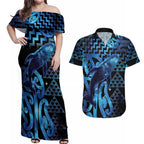 Humpback Whale Matariki New Zealand Couples Matching Off Shoulder Maxi Dress and Hawaiian Shirt NZ Maori Paikea Poutama Luxury Blue