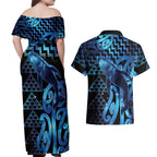 Humpback Whale Matariki New Zealand Couples Matching Off Shoulder Maxi Dress and Hawaiian Shirt NZ Maori Paikea Poutama Luxury Blue