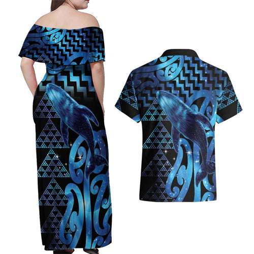 Humpback Whale Matariki New Zealand Couples Matching Off Shoulder Maxi Dress and Hawaiian Shirt NZ Maori Paikea Poutama Luxury Blue