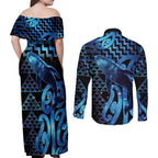 Humpback Whale Matariki New Zealand Couples Matching Off Shoulder Maxi Dress and Long Sleeve Button Shirt NZ Maori Paikea Poutama Luxury Blue